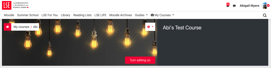 Editing button is located on the course image of a Moodle page.