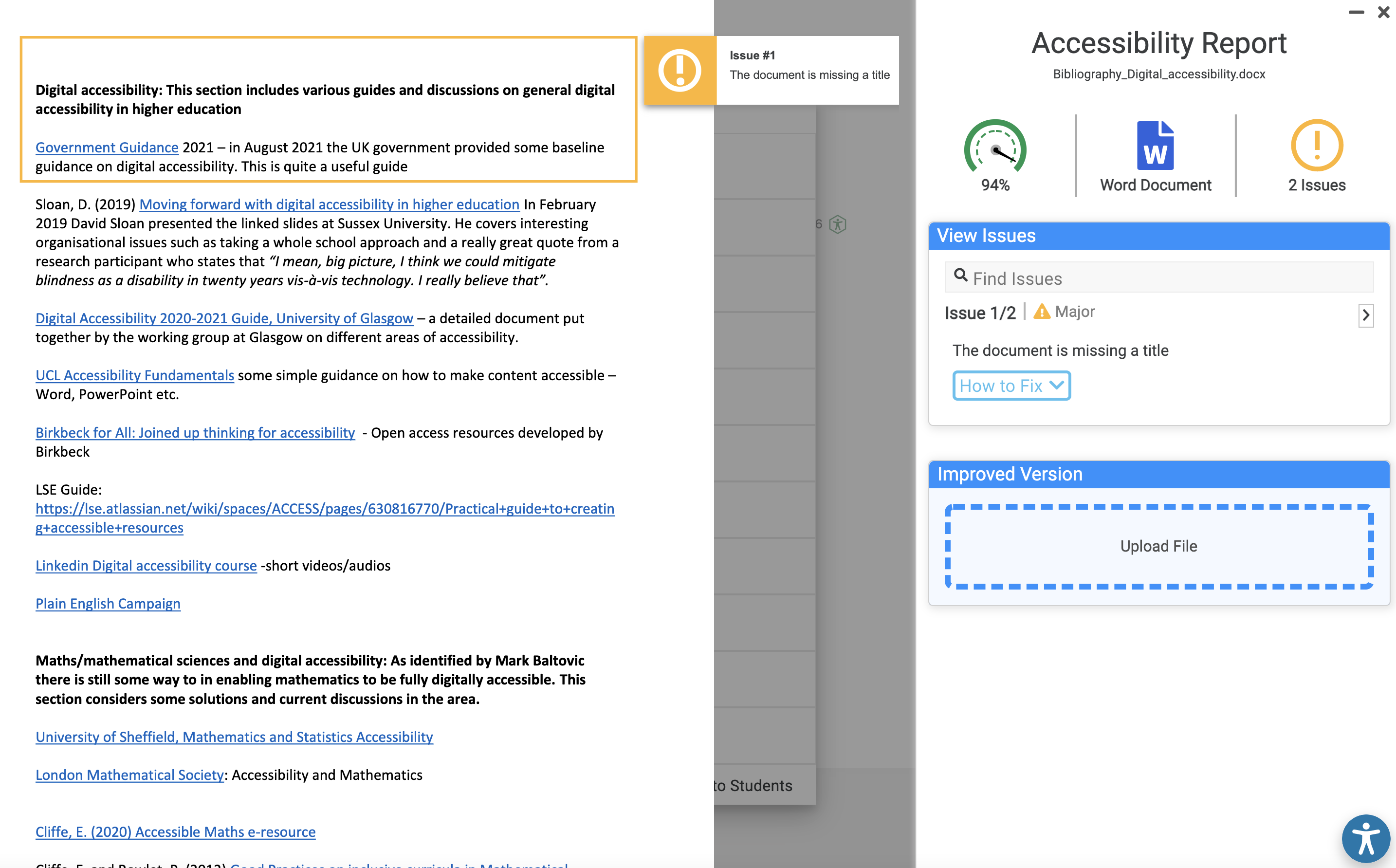 Screen shot of an Accessibility Report on a Word Document uploaded to a Moodle course.