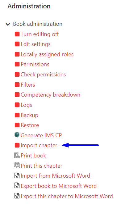 Screenshot of the Book administration menu with the Import chapter tool highlighted