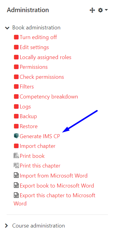 Screenshot of the Book administration menu with the IMS CP generation tool highlighted