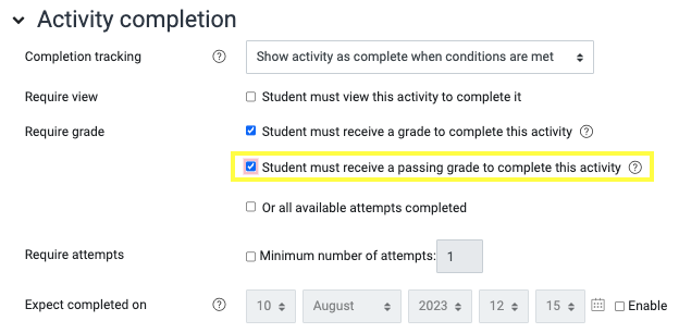 Displays the settings for the 'Activity completion' section with the a tick in the condition to receive a passing grade option.