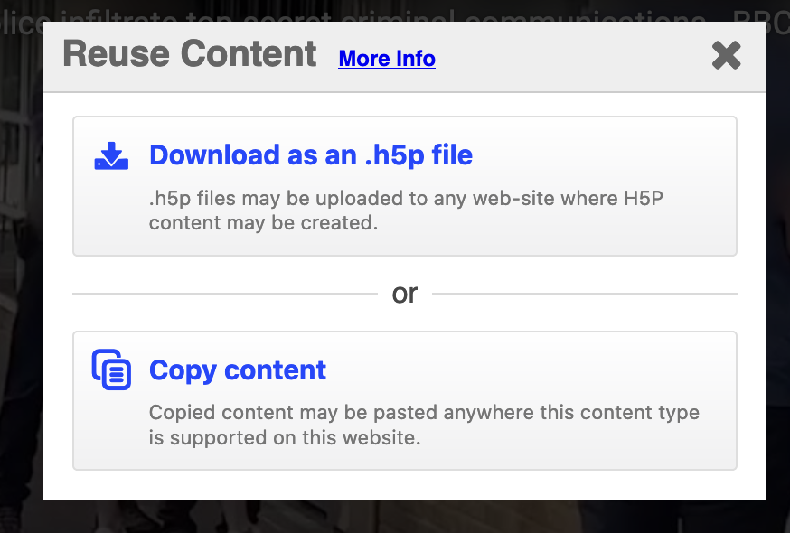Displays the 'Reuse Content' pop-up which offers a download or copy content option.