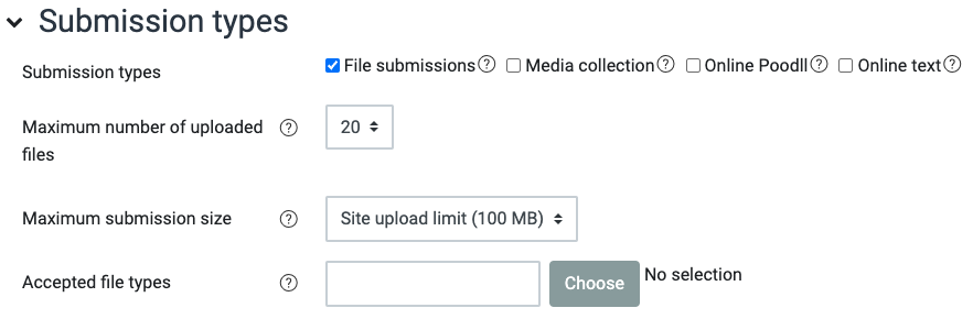 Displays the submission type options which include file submissions, media collection, audio and online text. The maximum number of uploaded files. maximum submission size and accepted file types are displayed.