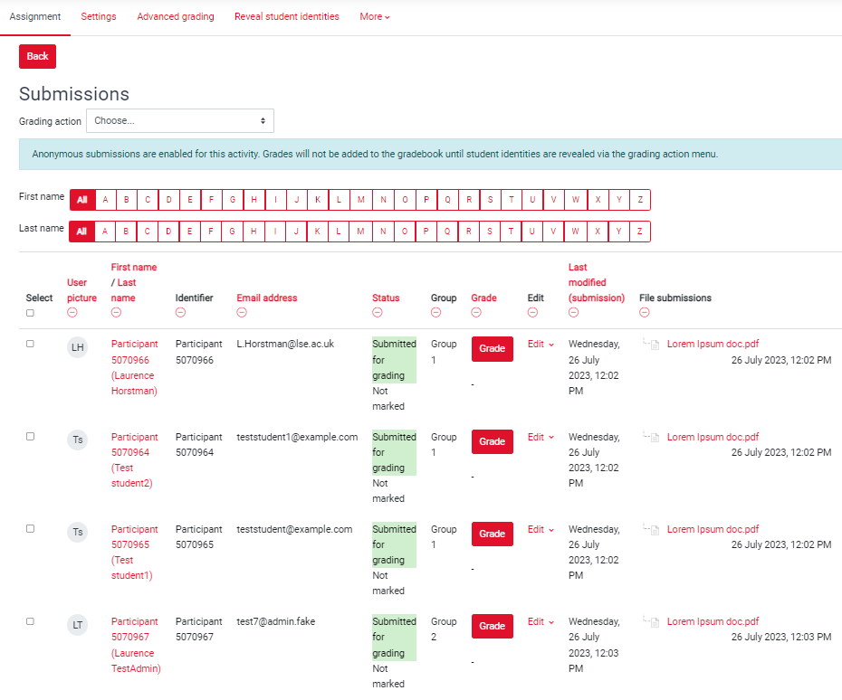 A screenshot showing the 'Marking table' with submissions allocated to Groups 1 and 2