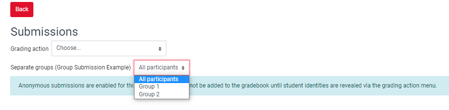 A screenshot of the menu below 'Grading action' that displaying separate options for 'All participants', 'Group 1' and 'Group 2'
