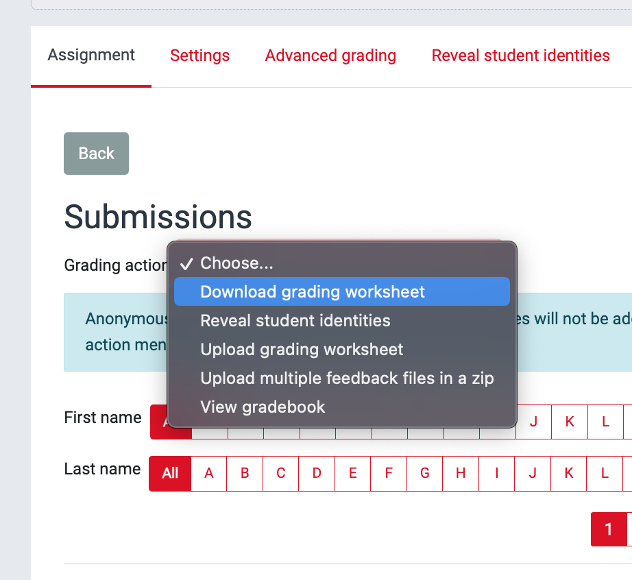 Screenshot of the Teacher (editor) view of the submissions page of the assignment activity on Moodle. The grading actions menu is displayed with the 'Download grading worksheet' highlighted