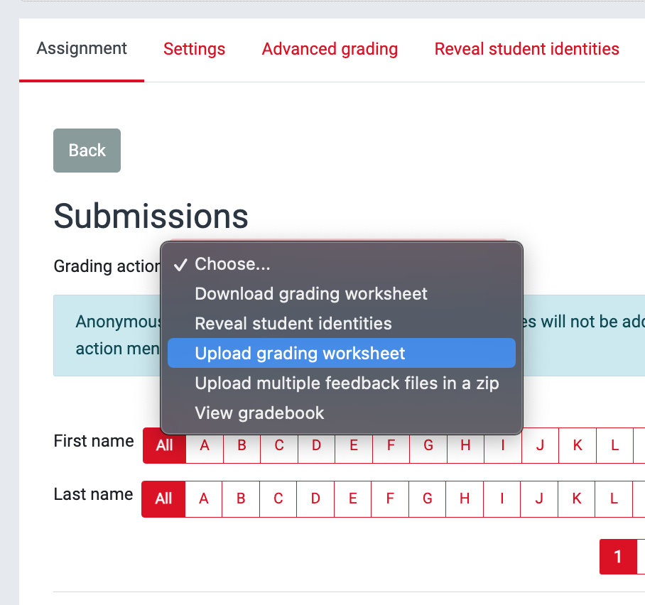 Screenshot of the Teacher (editor) view of the submissions page of the assignment activity on Moodle. The grading actions menu is displayed with the 'Upload grading worksheet' highlighted 