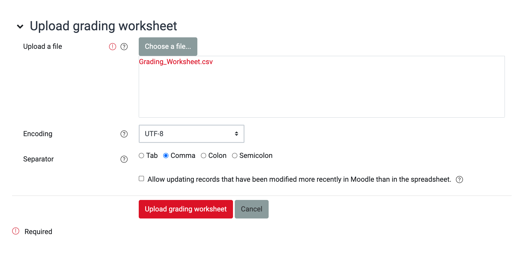 Screenshot of the 'Upload grading worksheet' page of the assignment activity on Moodle. The button 'Choose a file...'  is visible underneath which a file 'grading_worksheet.csv' has been uploaded. A 'Upload grading worksheet' button is visible towards the bottom of the image.