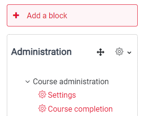 A screenshot showing the 'Course Administration' block and 'Course completion' settings