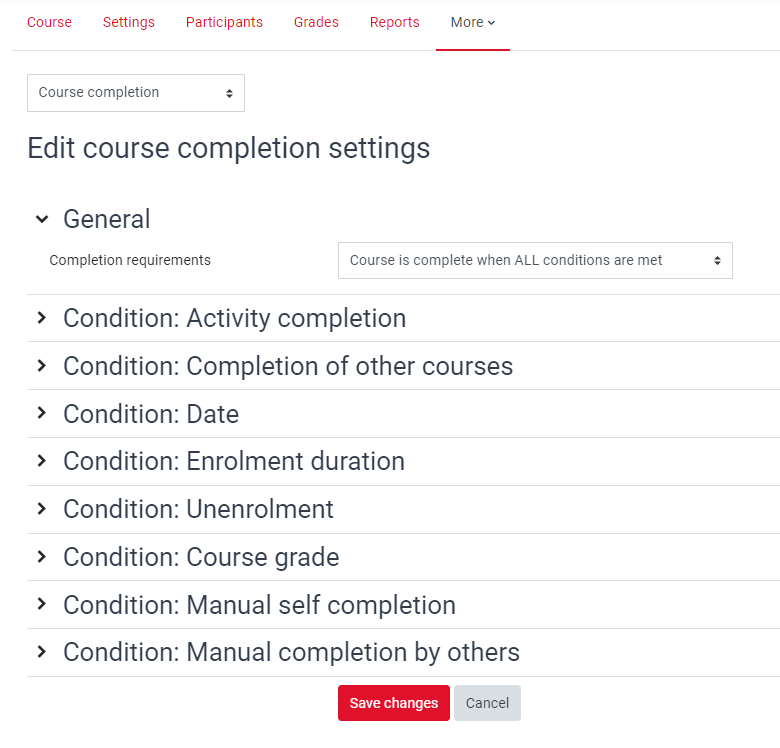 A screenshot showing default 'Course completion' settings.