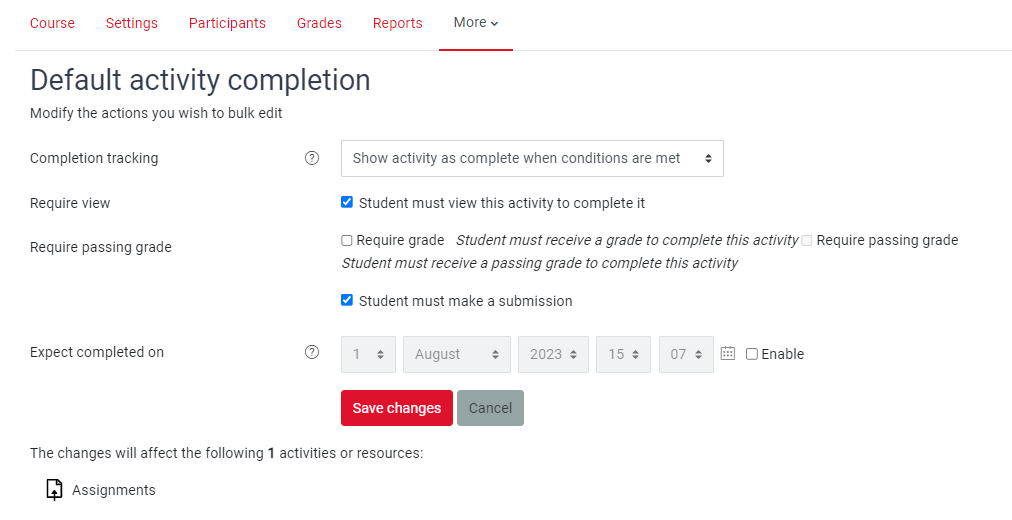 A screenshot showing the 'Default activity completion' settings  with 'Student must view activity to complete it' and 'Student must make a submission' ticked