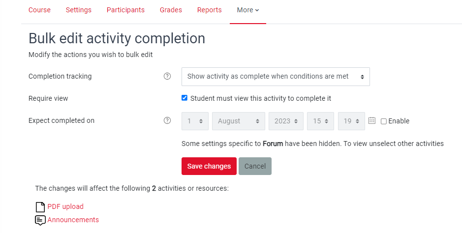 A screenshot showing the 'Bulk edit activity completion' sub-menu with 'Show activity as complete when conditions are met' selected and red 'Save changes' button