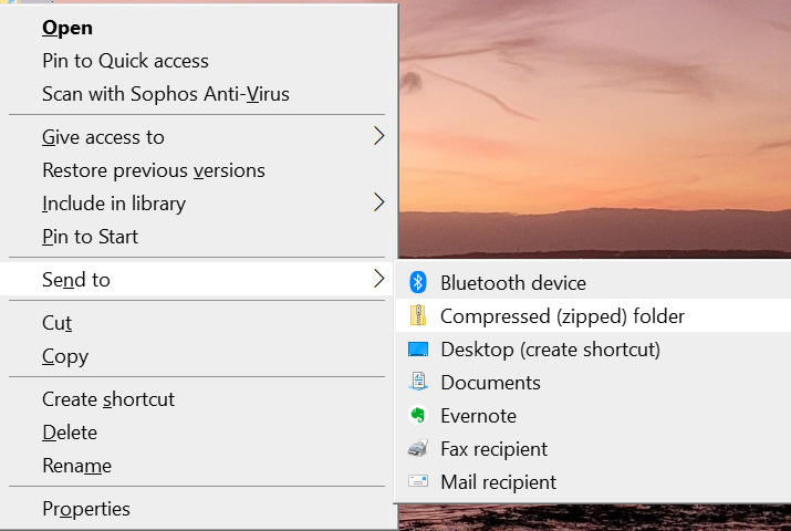 Screenshot of the right-click on folder menu on a Windows OS. The menu item 'Send to' is selected revealing a sub menu with the option to 'Compressed (zipped) folder' highlighted.