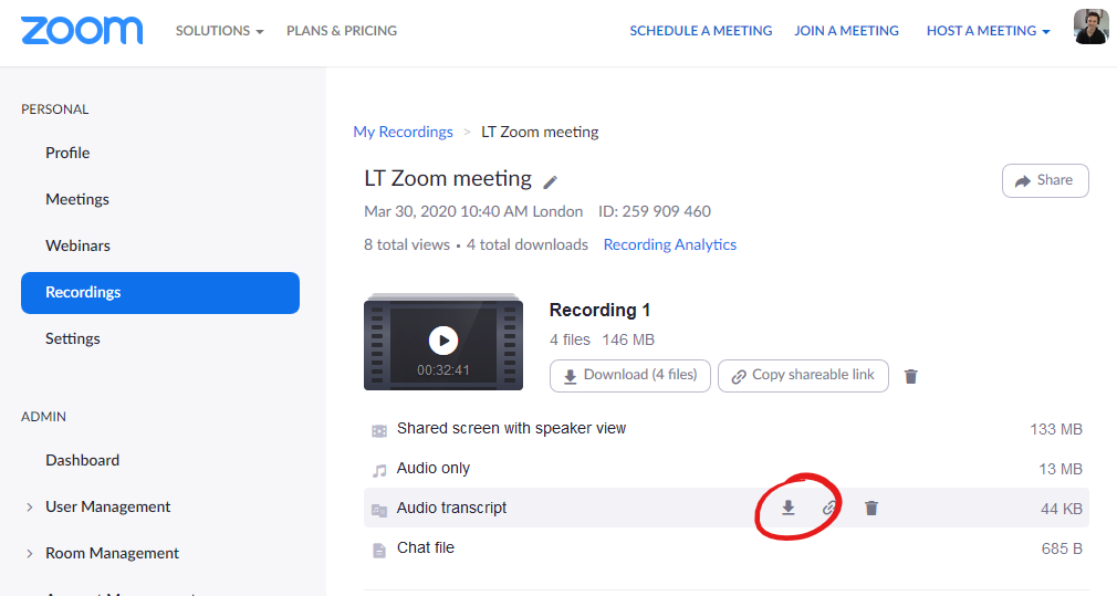 Screenshot of Zoom recordings page highlighting audio transcript download button