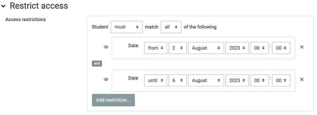 Display of a date type restriction for a date range which requires the input of date details.