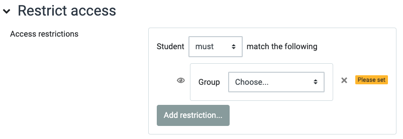Display of a group type restriction which requires the selection of a group from a dropdown menu.