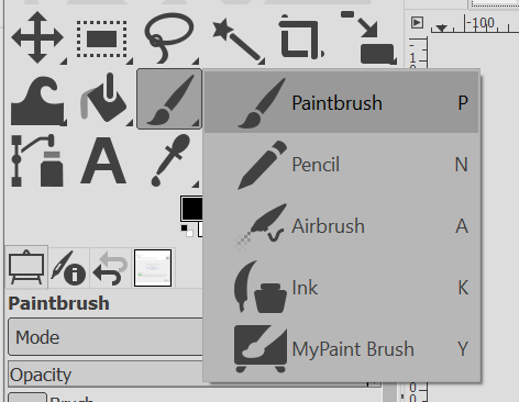 An image of the GIMP toolbar with tools grouped together. The paintbrush tool is selected showing a pop-up allowing users to select a different drawing tool