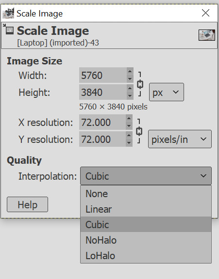 Screenshot of Scale Image menu showing Interpolation drop-down options