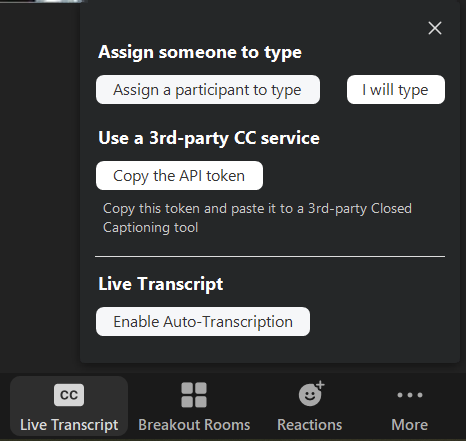 Screenshot of live transcript and enable auto transcription buttons