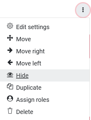 Screenshot showing the activity edit menu in Moodle