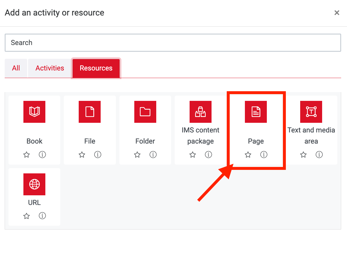 Screenshot of the activity picker. The resources tab is selected and a red box and arrow are indicating the 'Page' resource.