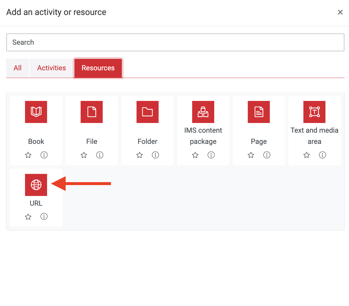 Screenshot of a Teacher (editor) accessing the activity picker with 'Resources' tab active. A red arrow is showing the location of the 'URL' activity