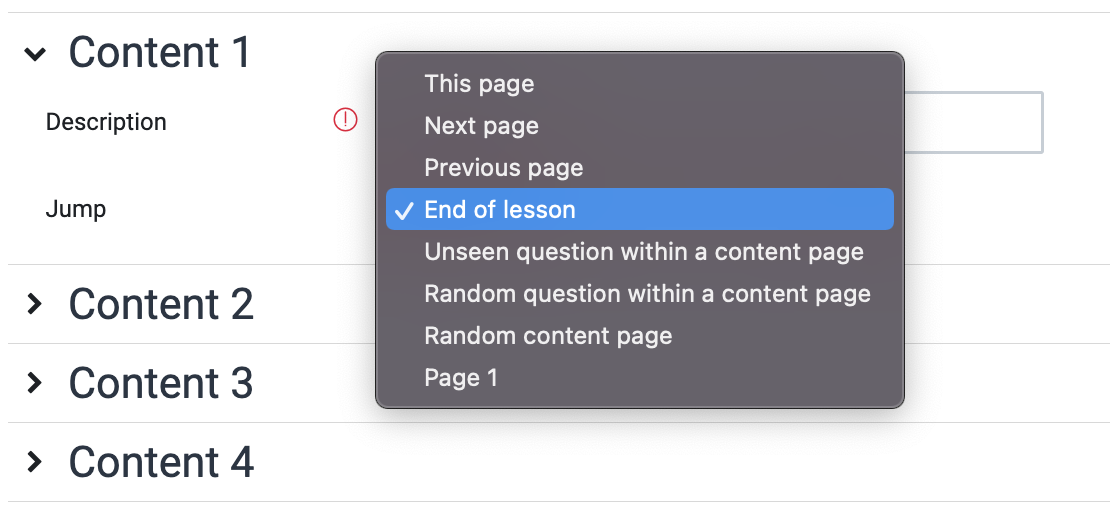 Screenshot of the menu in the Content section when adding a page with the option 'end of lesson' selected.