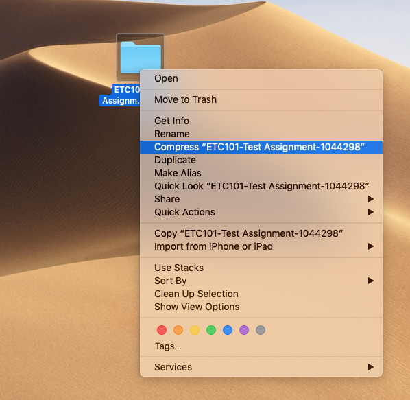 Screenshot of the right-click on folder menu on a Mac OS. The menu item 'Compress (filename)' is highlighted.