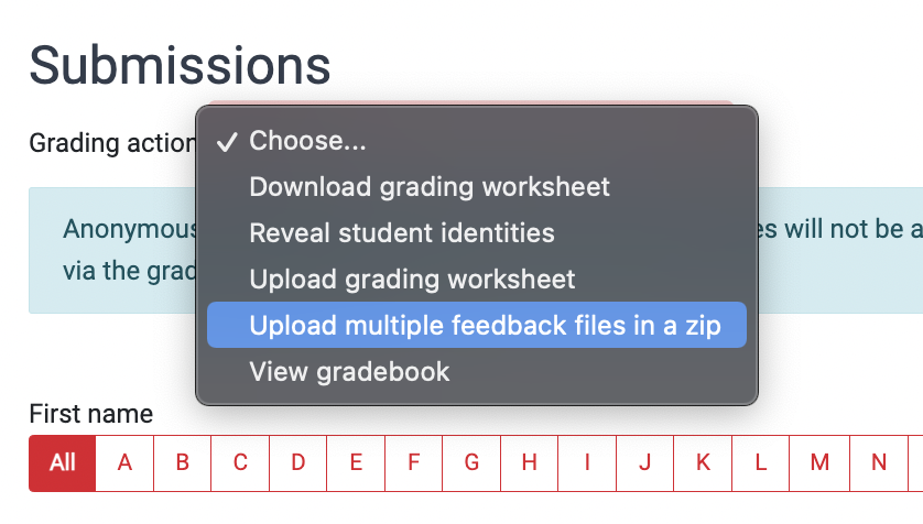 Screenshot of the Teacher (editor) view of the submissions page of the assignment activity on Moodle. The grading actions menu is displayed with the option to 'Upload multiple feedback files in a zip' highlighted
