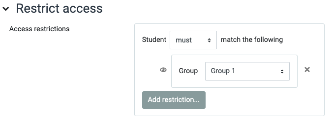 Displays the group type restriction with Group 1 selected from a dropdown menu. 