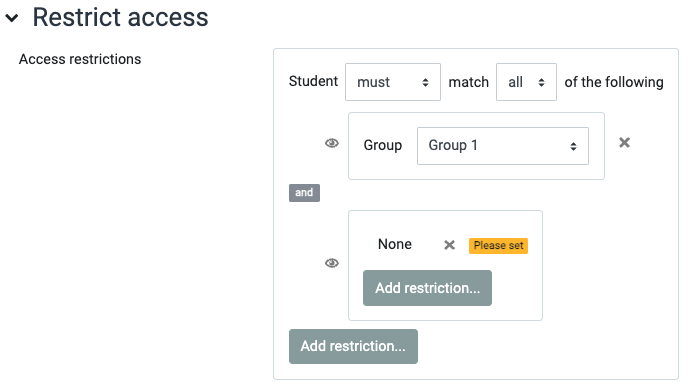 Display of a restriction set which has a group type restriction and the option to input a second restriction type.