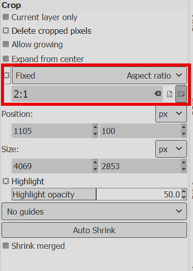 Example of crop tool menu with fixed aspect ratio turned on
