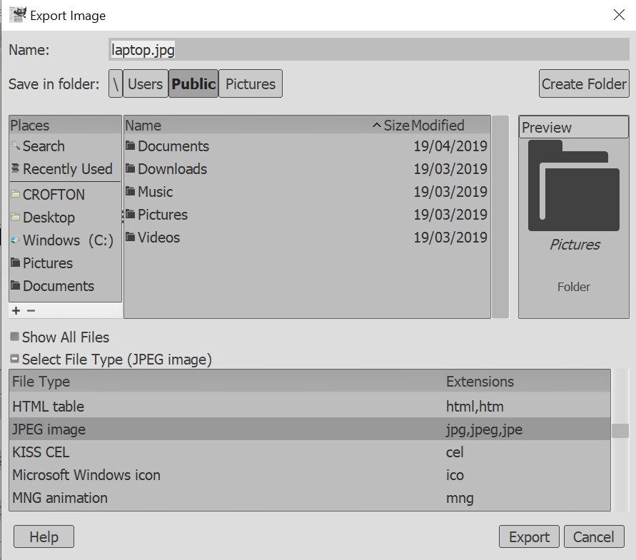 Screenshot of GIMP export menu showing File Type options