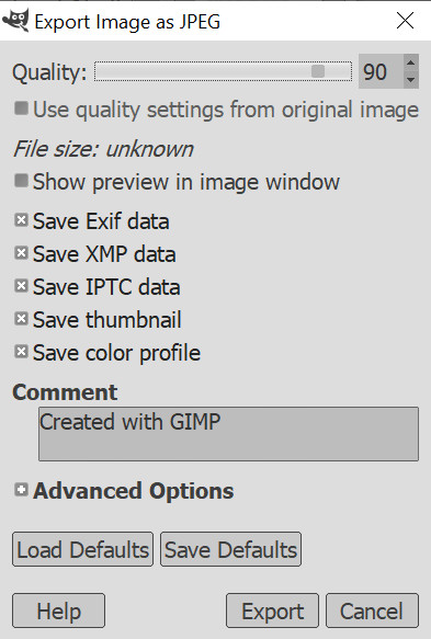 Screenshot of Export pop-up box with advanced options