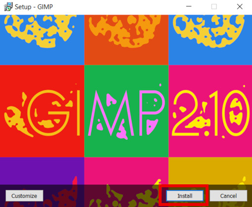 Image of the GIMP installation screen with the Install button circled